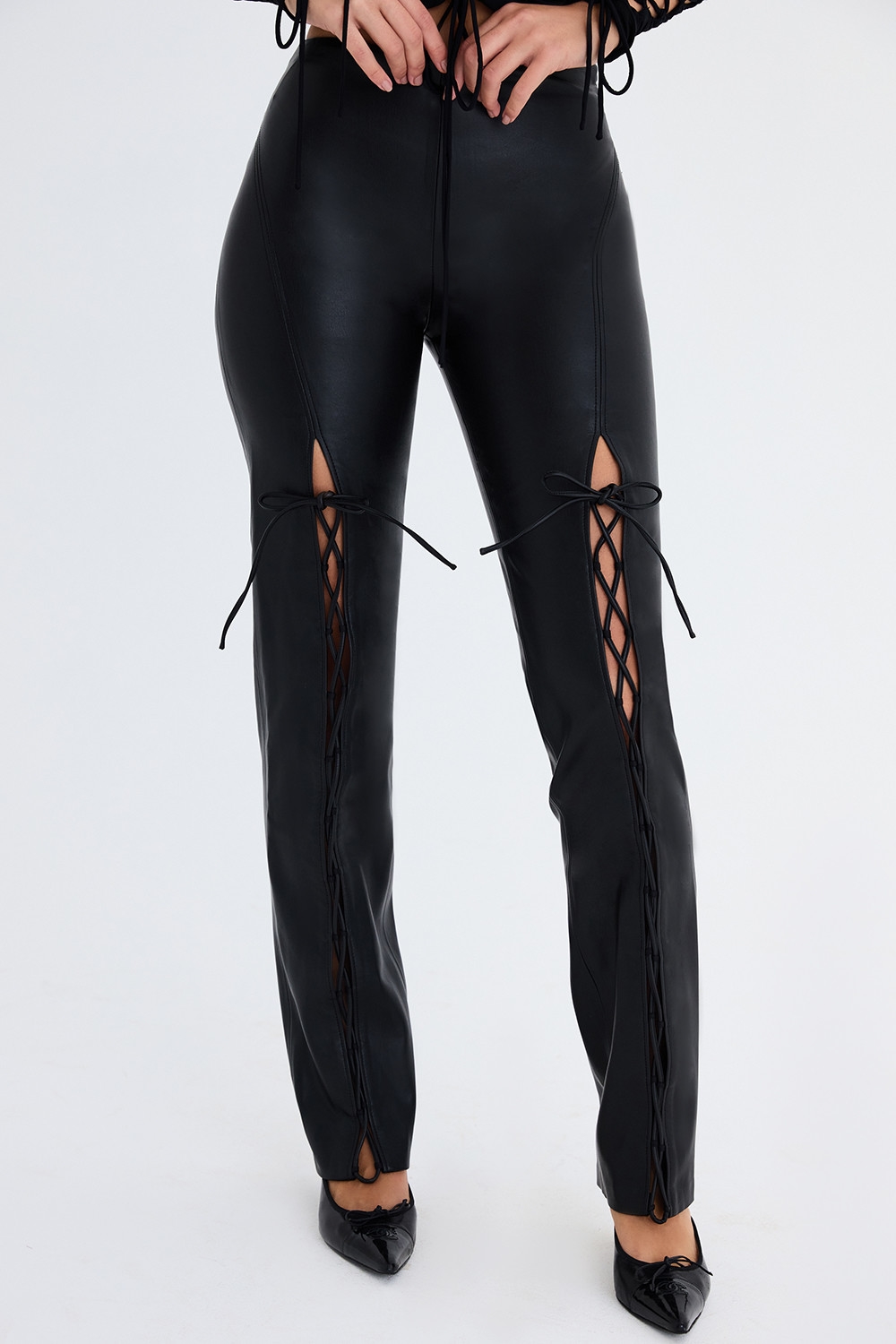Mistress Rocks Black Vegan Lace Up Trousers - SALE — image 3