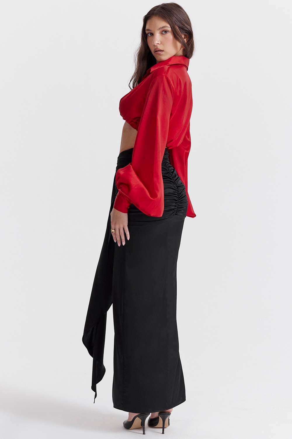 Arla  Black Draped Silk Maxi Skirt — image 5