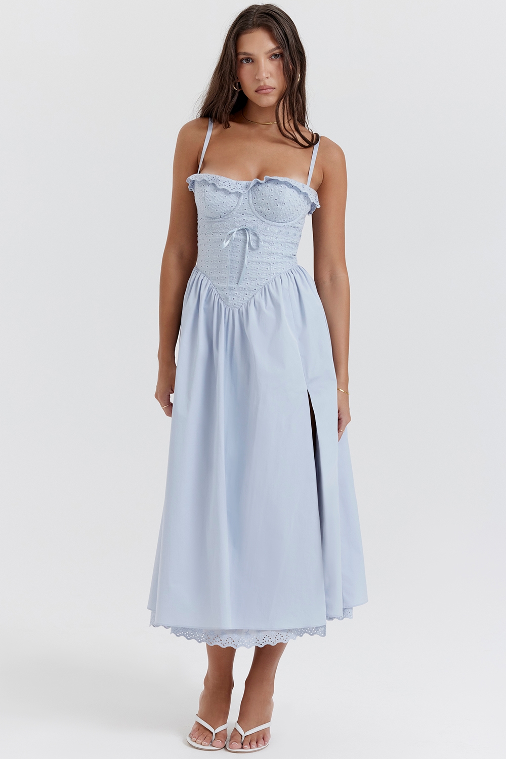 Jaime  Soft Blue Cotton Broderie Anglais Midi SunDress — image 3