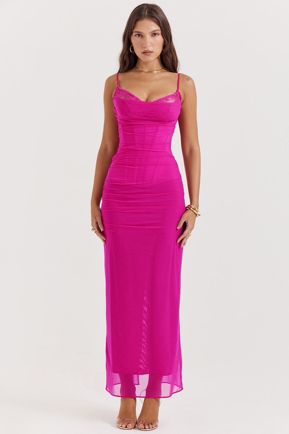 Nalini  Fuchsia Stretch Mesh Maxi Dress — image 3