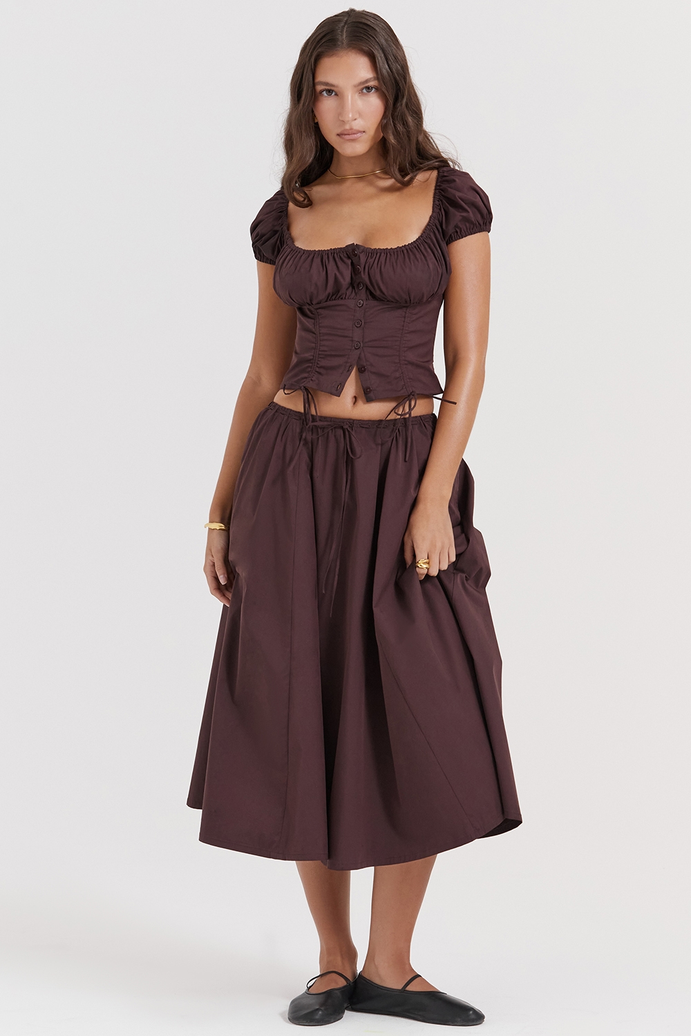 Cora  Rich Brown Gathered Midi Skirt — image 5