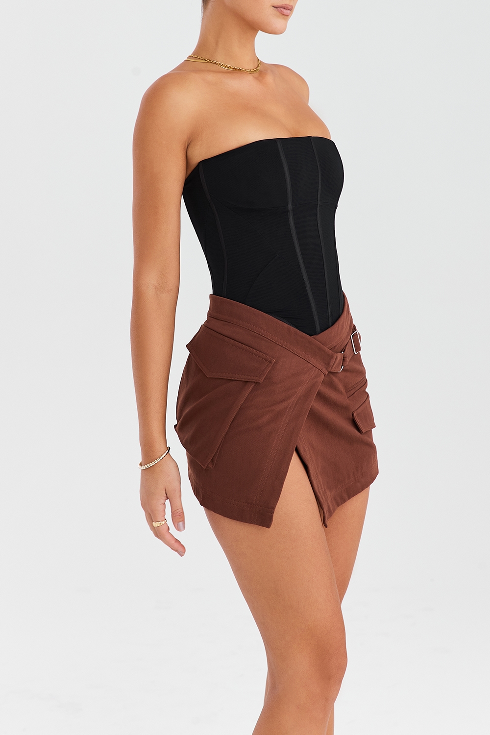 Mistress Rocks Cocoa Asymmetric Cargo Mini Skirt - SALE — image 8