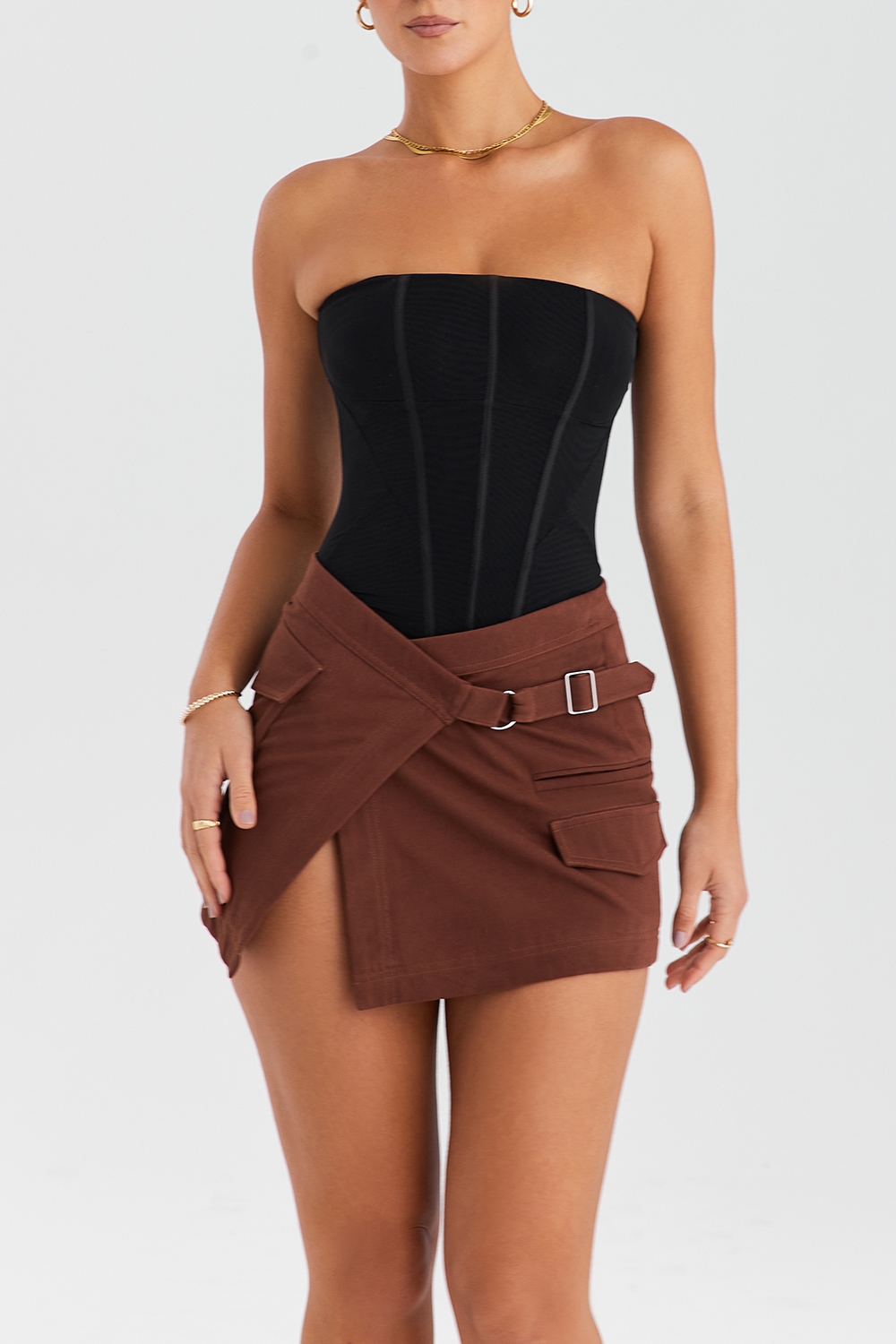 Mistress Rocks Cocoa Asymmetric Cargo Mini Skirt - SALE — image 5