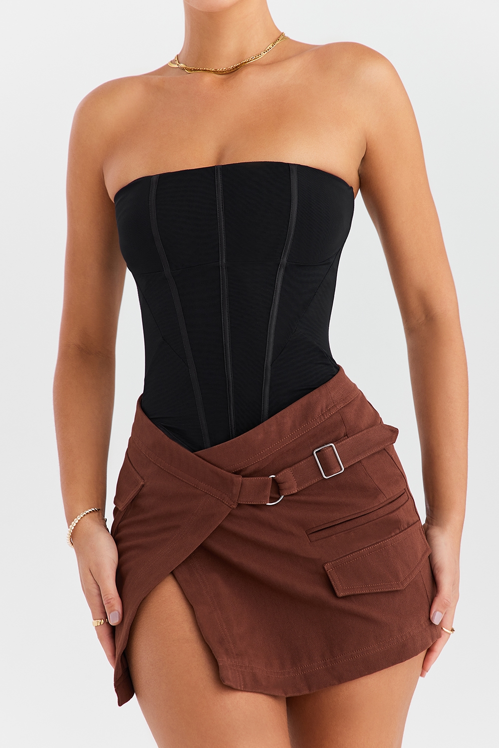 Mistress Rocks Cocoa Asymmetric Cargo Mini Skirt - SALE — image 6