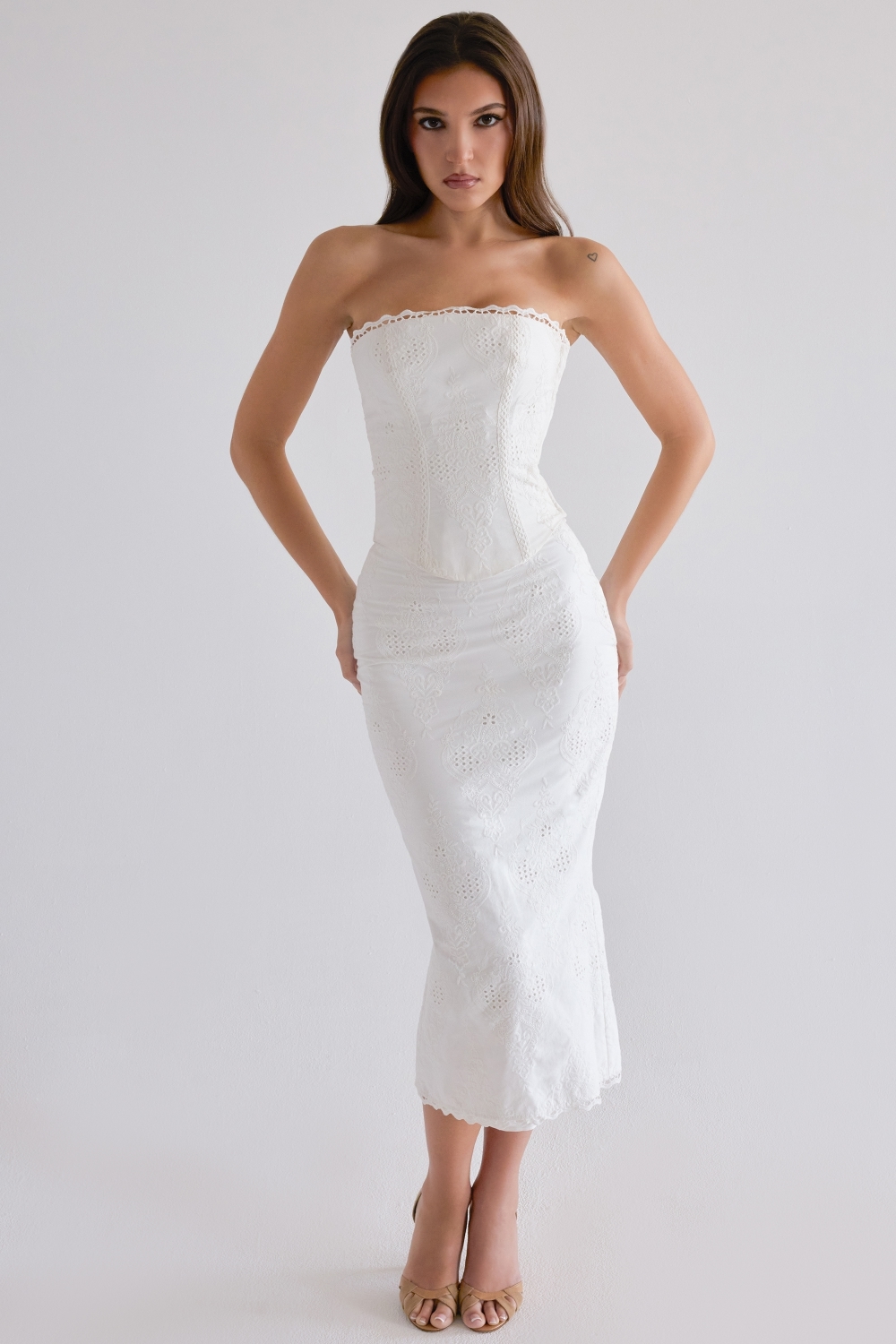 Antonie White Cotton Broderie Anglaise Midi Skirt