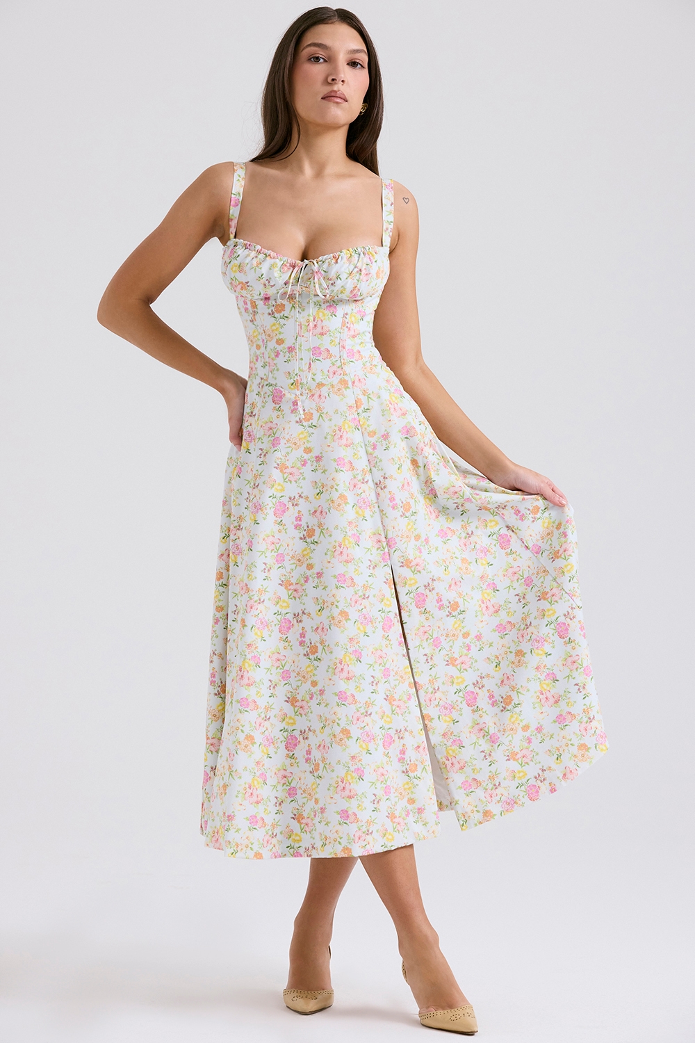 Carmen Pale Blue Meadow Print Cotton Bustier Sundress — image 3