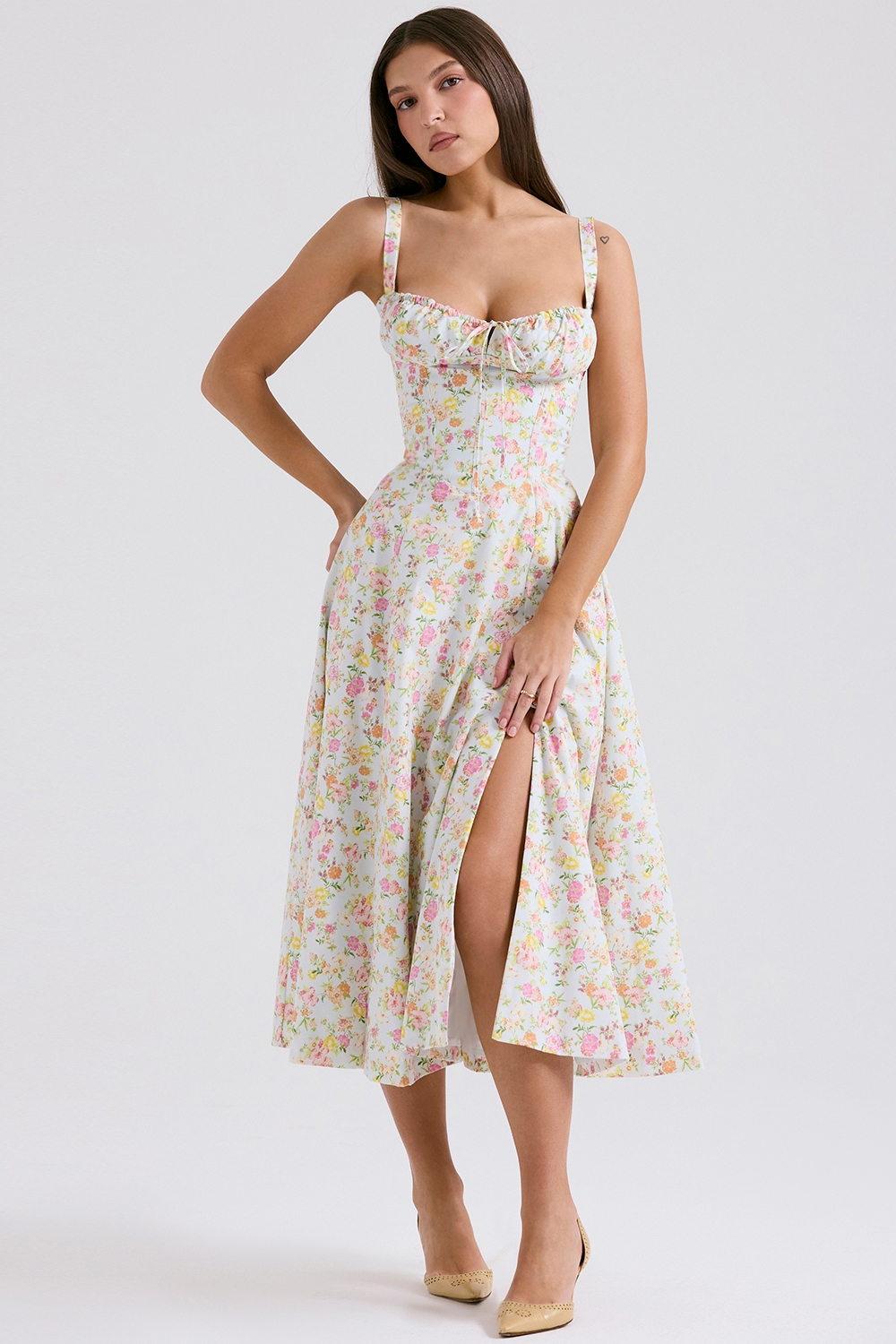 Carmen Pale Blue Meadow Print Cotton Bustier Sundress — image 1
