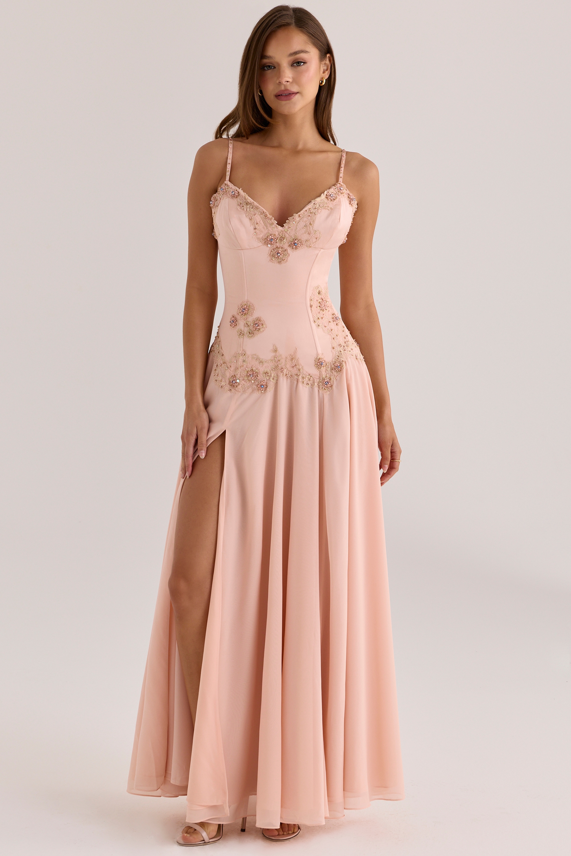 Saloma Blush Satin Custom Hand Beaded Embellished Maxi Dress - Limited Edition — image 1