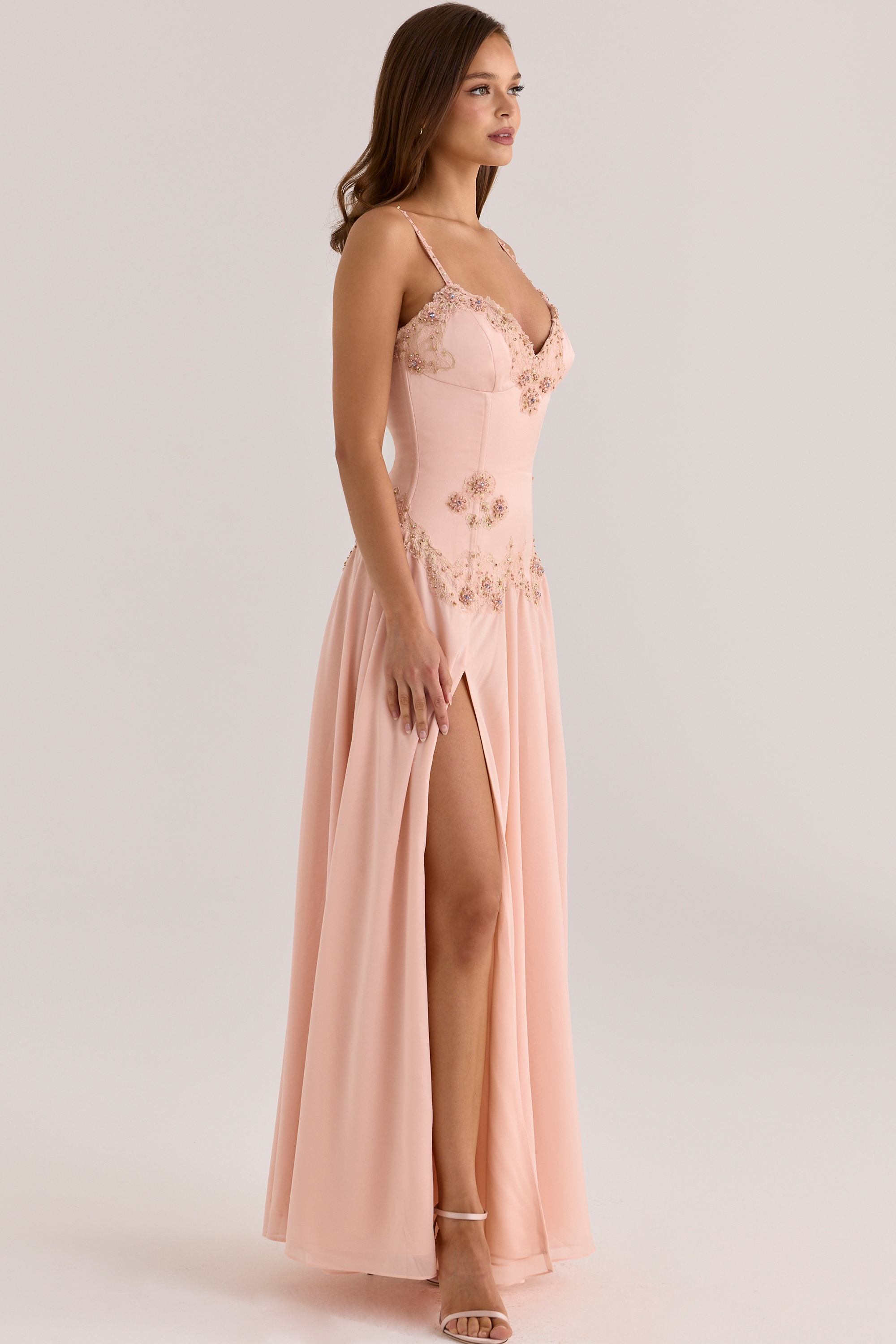 Saloma Blush Satin Custom Hand Beaded Embellished Maxi Dress - Limited Edition — image 5