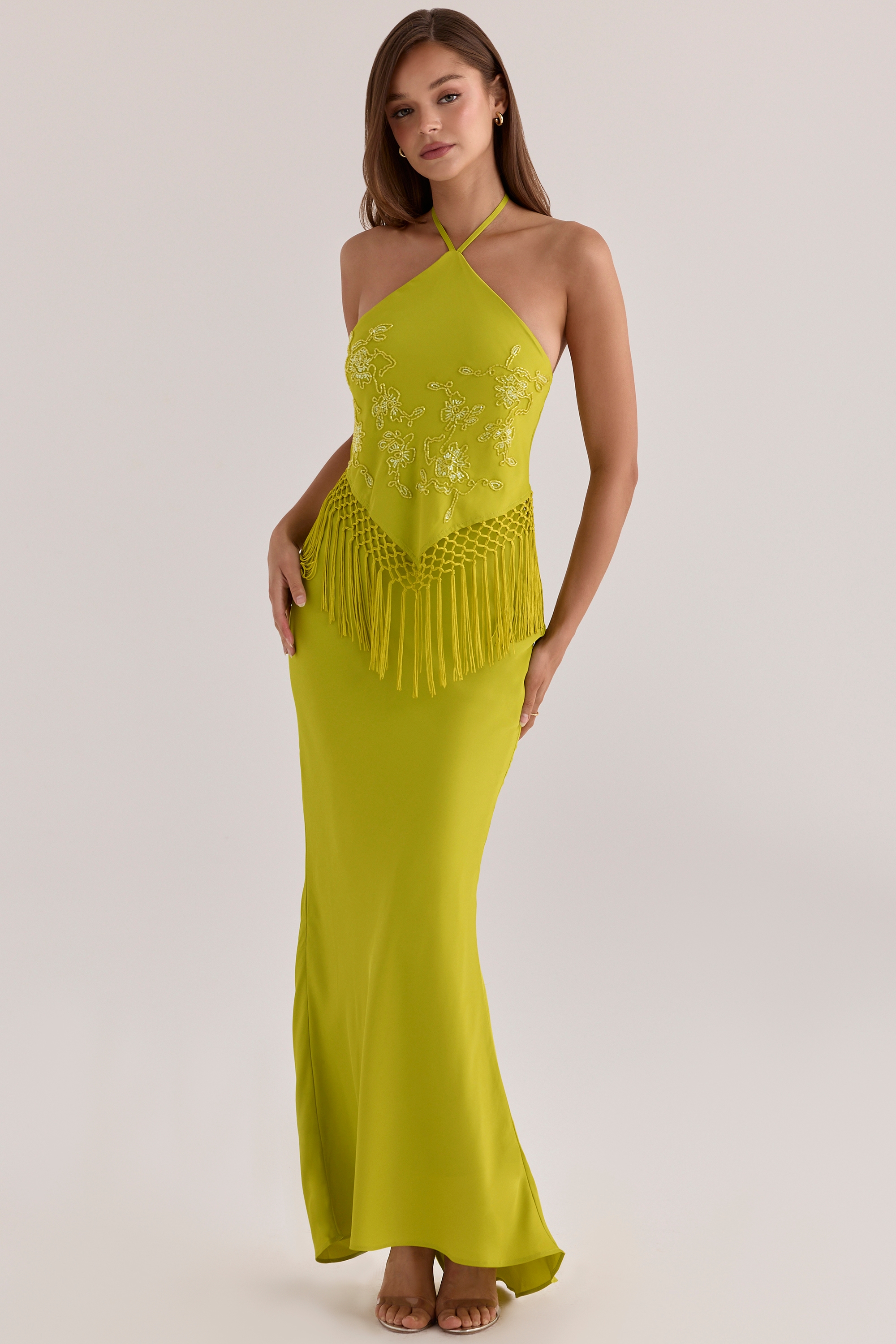 Sareena Chartreuse Satin Custom Embellished Fringed Maxi Dress - Limited Edition — image 1