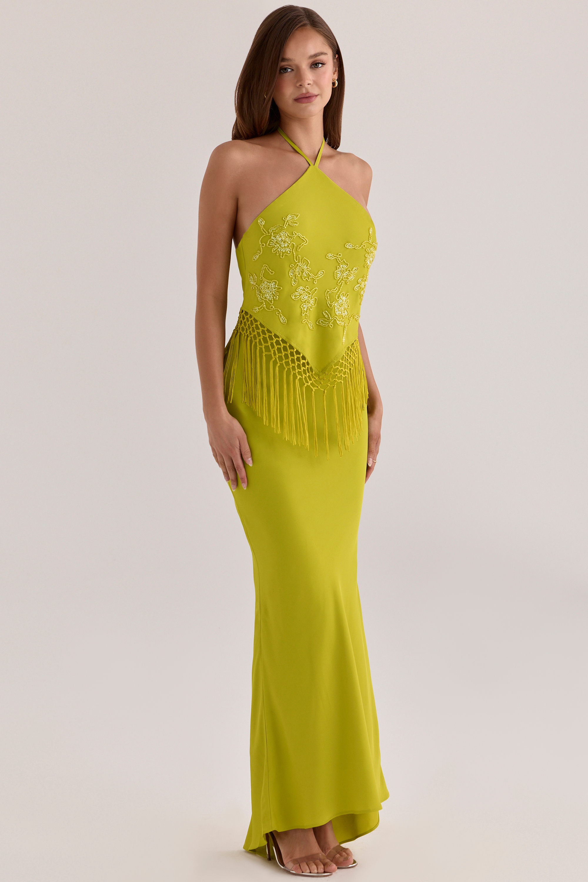 Sareena Chartreuse Satin Custom Embellished Fringed Maxi Dress - Limited Edition — image 5