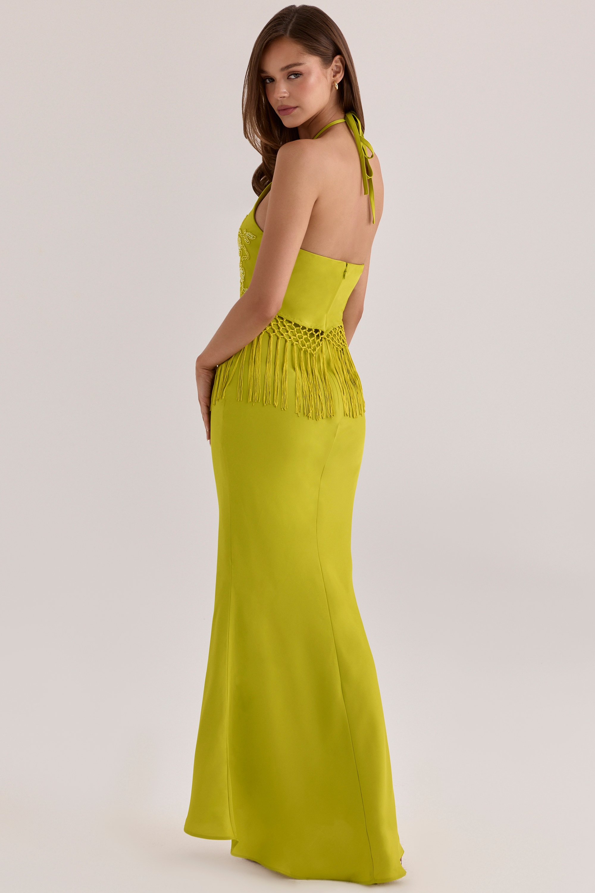 Sareena Chartreuse Satin Custom Embellished Fringed Maxi Dress - Limited Edition — image 6