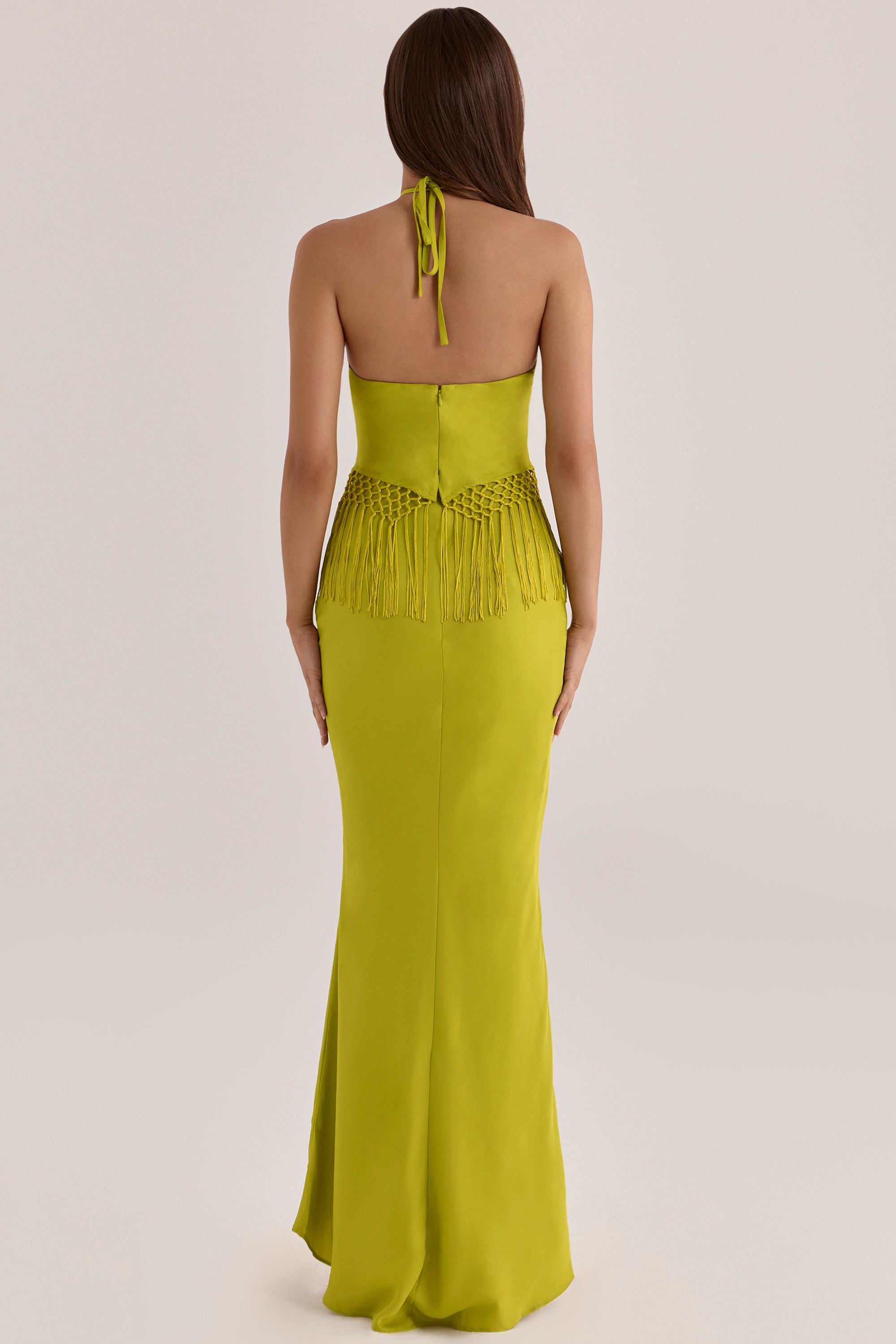 Sareena Chartreuse Satin Custom Embellished Fringed Maxi Dress - Limited Edition — image 7