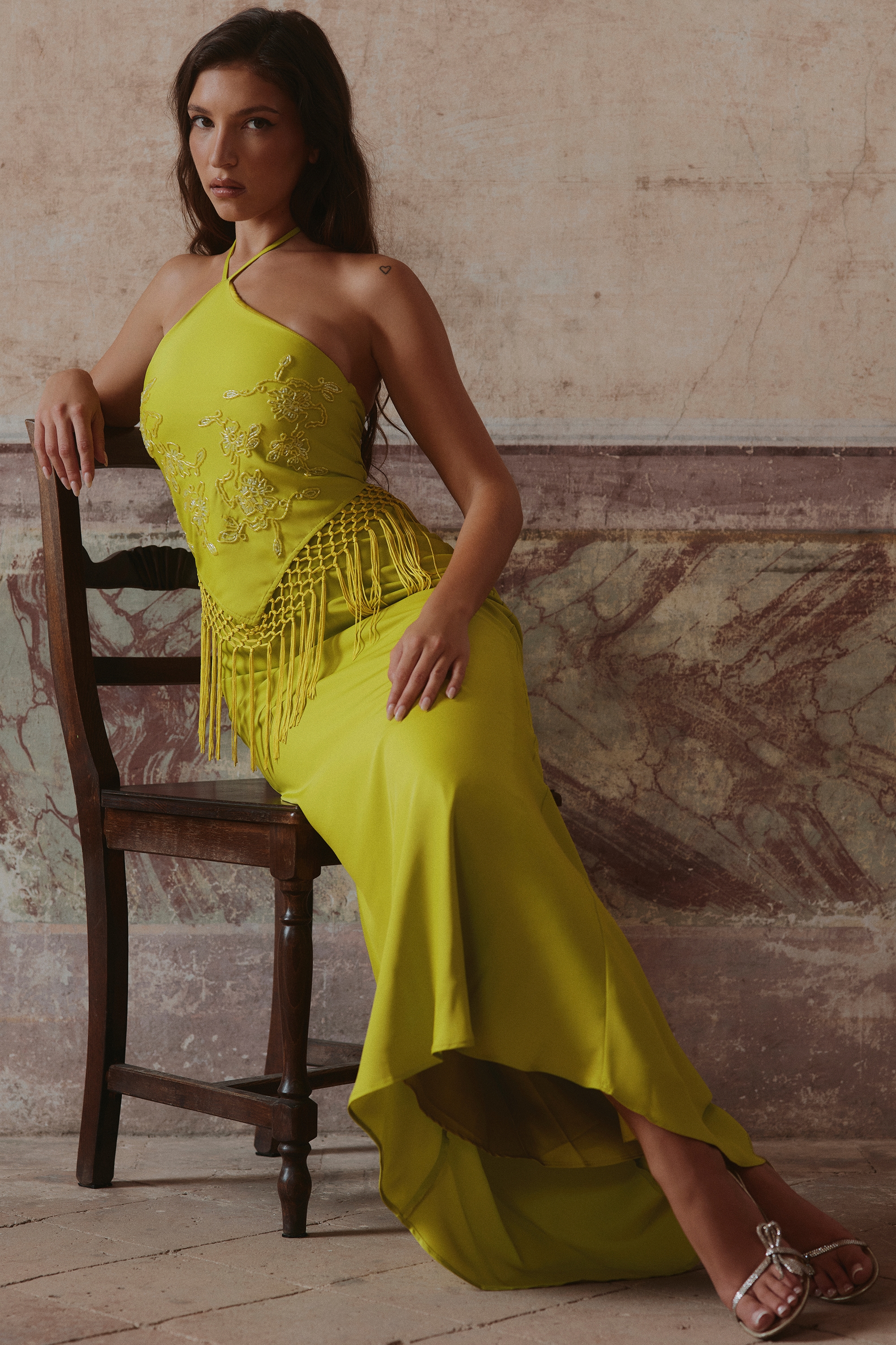 Sareena Chartreuse Satin Custom Embellished Fringed Maxi Dress - Limited Edition — image 8
